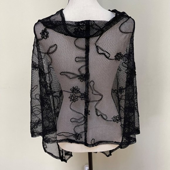 Women's Kimono Top Beach Cover Up V Neck Sheer Fishnet Mesh Black One Size - Picture 7 of 12